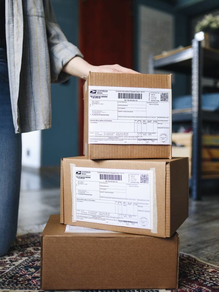 Stacked parcels with customs declaration labels