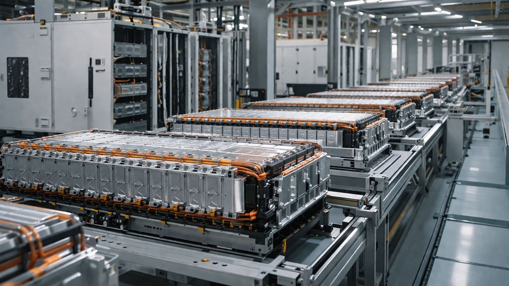 Battery modules moving along an automated production line