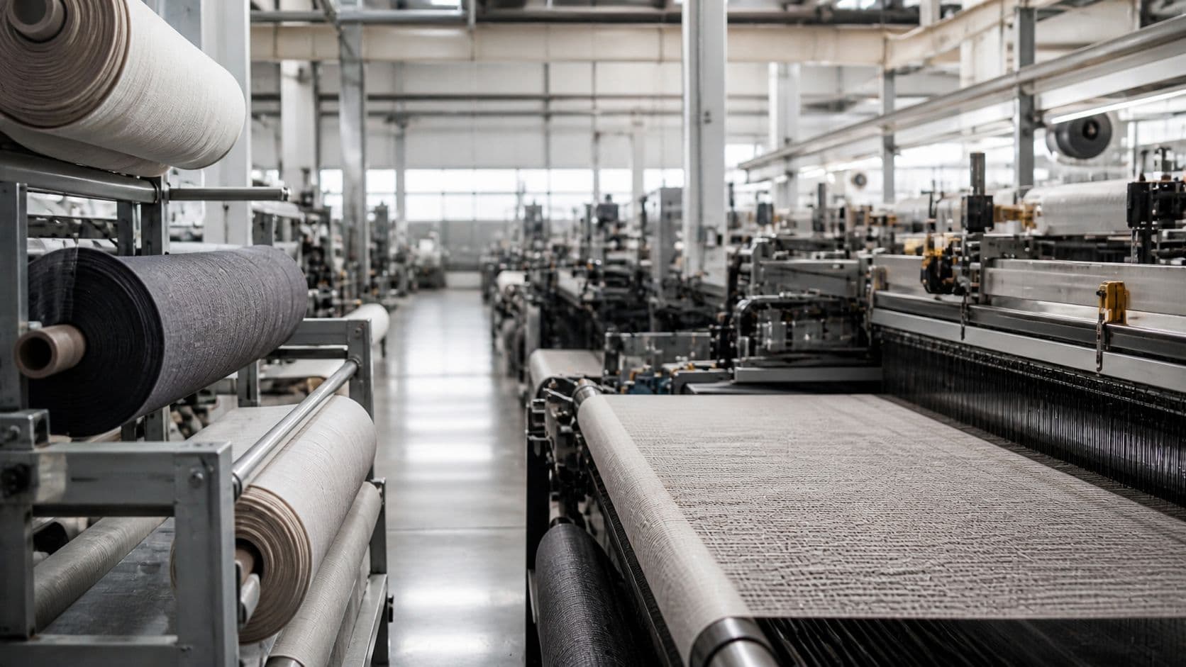 Rolls of fabric beside weaving machines on a textile mill floor